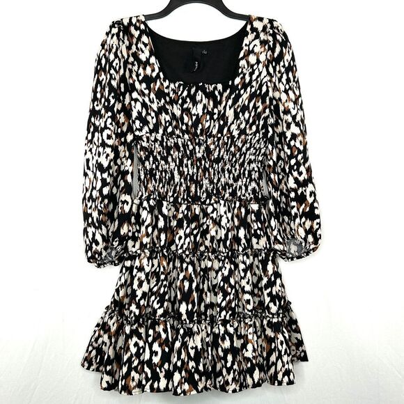 Big Hit Smocked Long Sleeve Dress Sz Large Sundress Neutral Tiered Above Knee - Picture 1 of 7